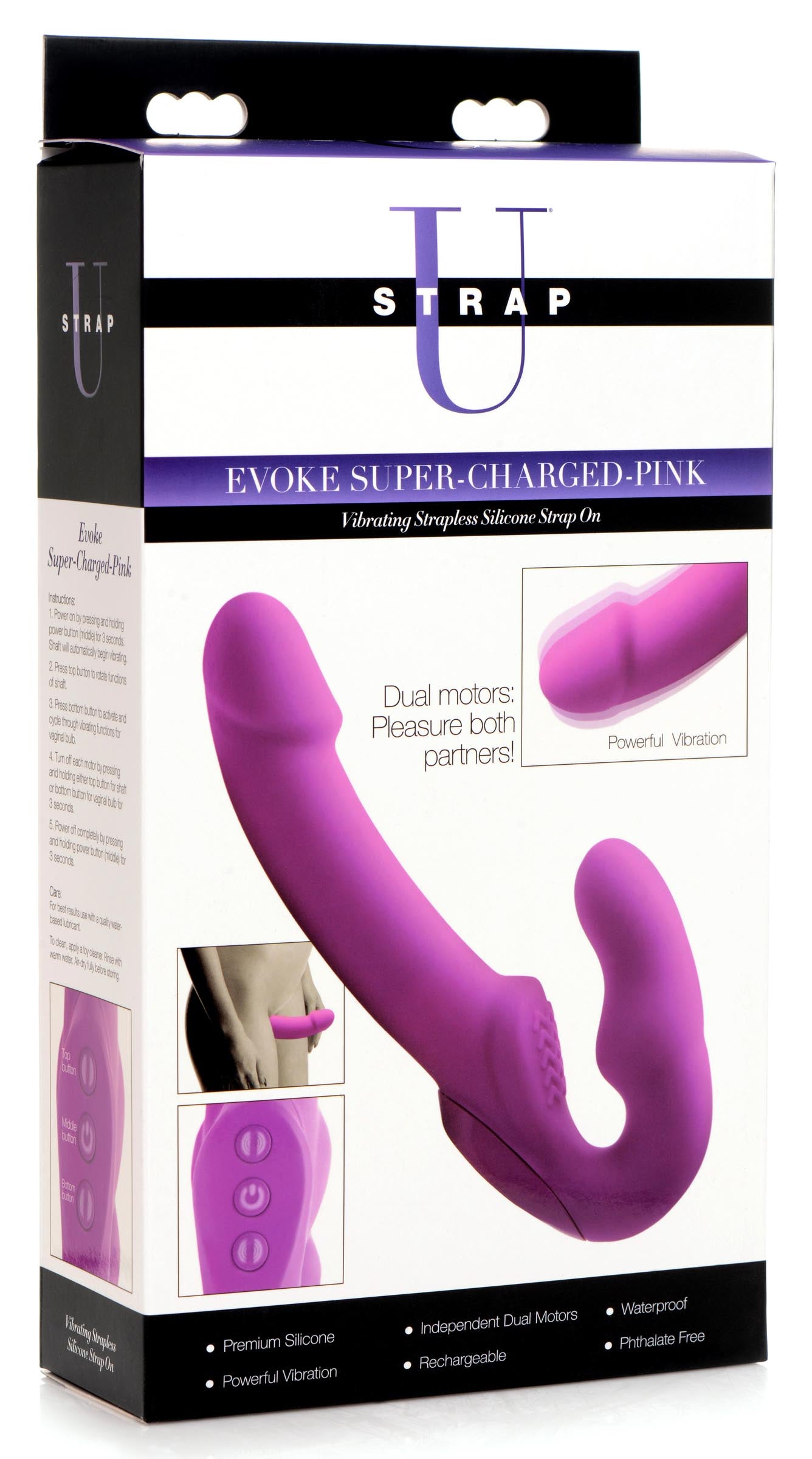 Evoke Rechargeable Vibrating Silicone Strapless Strap On - Pink