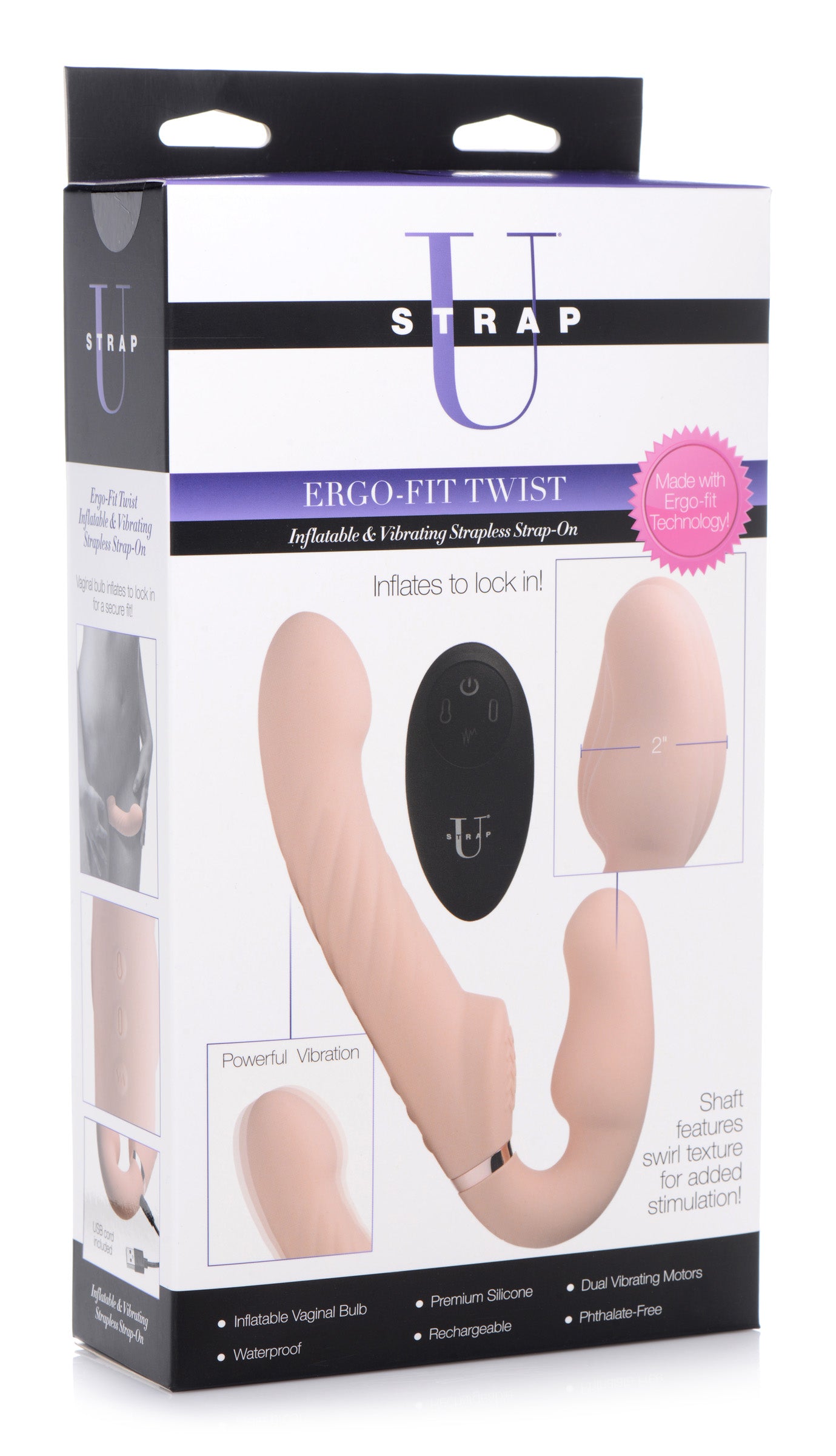 Ergo-fit Twist Inflatable Vibrating Silicone Strapless Strap-on - Beige