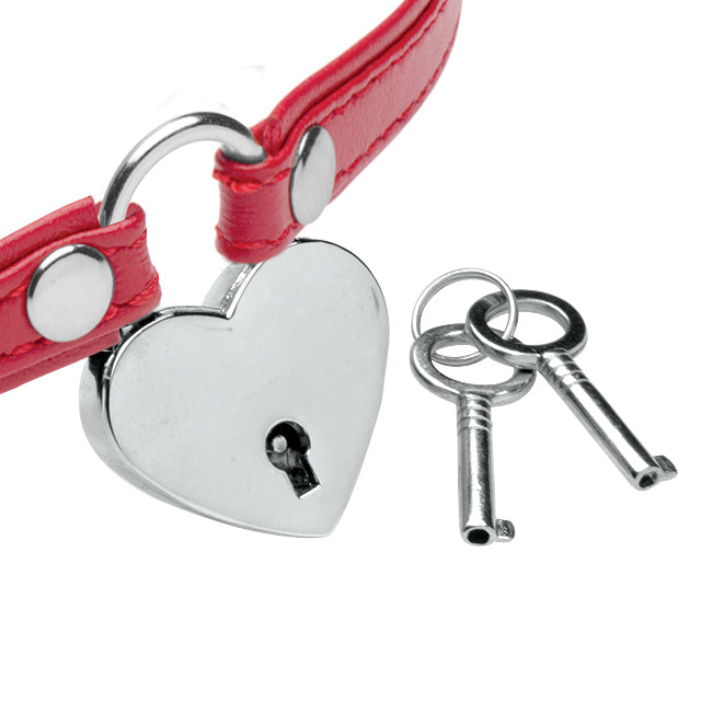 Heart Lock Leather Choker With Lock And Key - Red