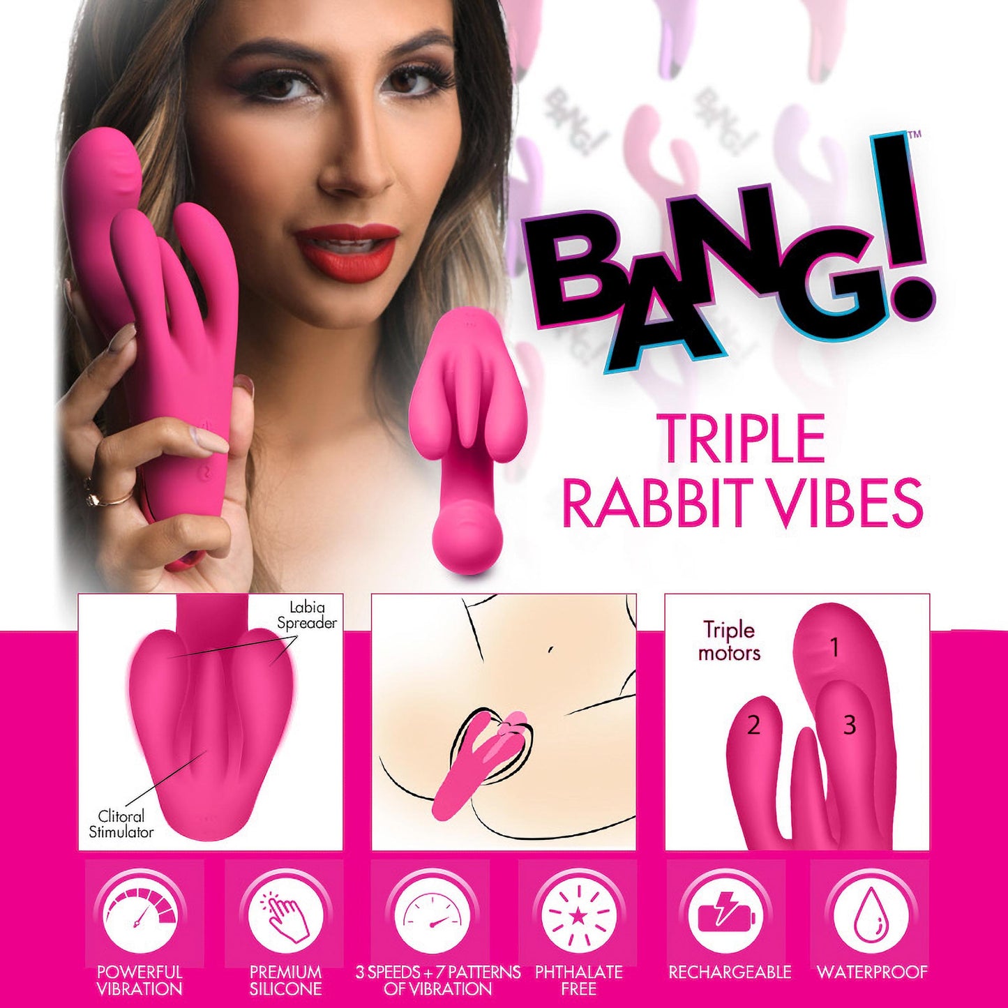 10x Triple Rabbit Silicone Vibrator - Pink