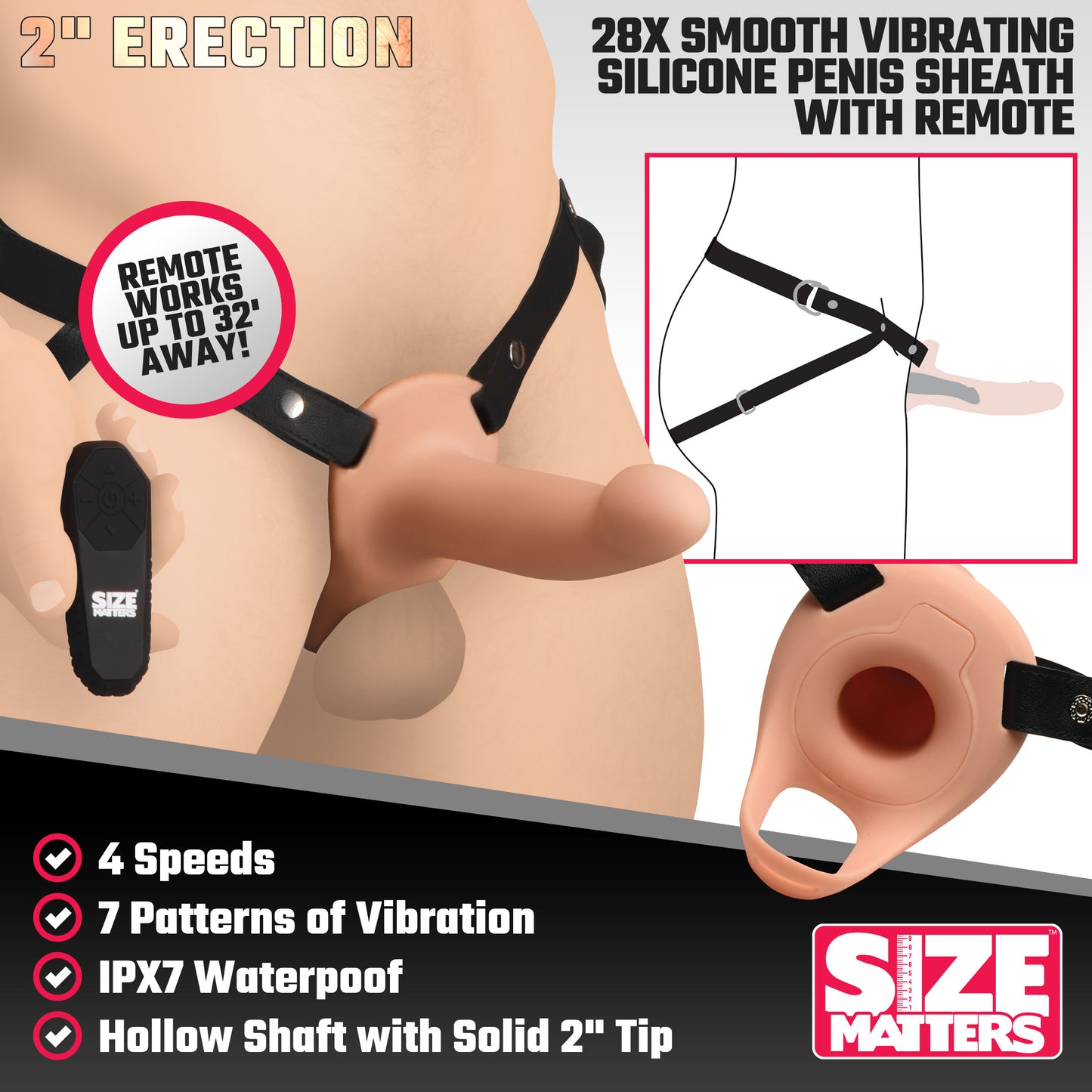 2 Inch Erection 28x Smooth Vibrating Silicone Penis Sheath With Remote - Light